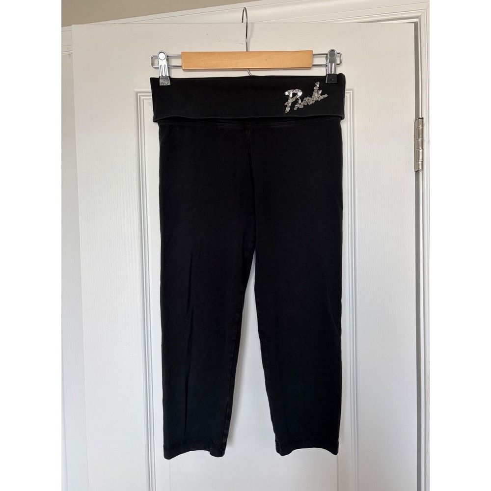 Victoria's Secret PINK Yoga Capri Leggings Black Sequin Logo Fold Over Waist XS
